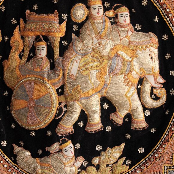 Vintage 1940s Kalaga Wall Hanging, Burmese Myanmar Elephant, Black Velvet - Picture 2 of 10